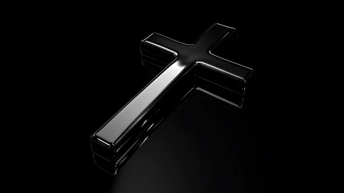 High-gloss black cross rendered with reflective specular surface