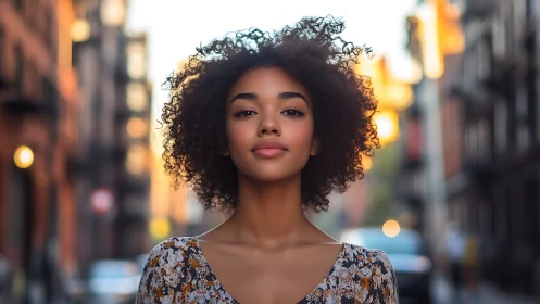 Sunlit urban portrait of confident woman at golden hour.