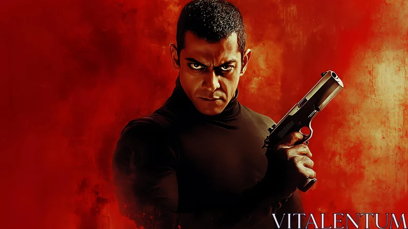 Intense gunman stands against blazing red backdrop.