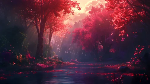 Crimson Forest Luminescence: Enchanted Woodland Stream at Golden Hour