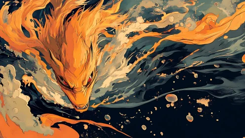 Fiery fox spirit surges through turbulent ink-dark waves