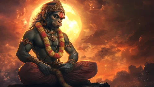 Moonlit monkey warrior in serene celestial meditation.