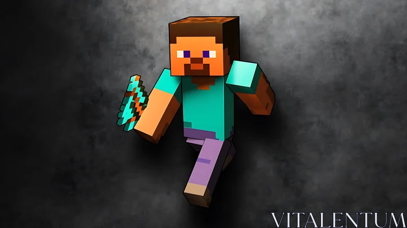 Blocky game character running with pixelated pickaxe.