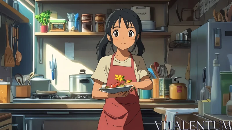 Girl in red apron carrying fresh salad in warm kitchen