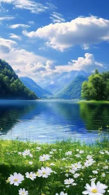 Daisy chorus by a glassy blue lake under wandering clouds.