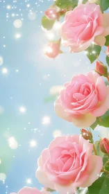 Luminescent Garden: Pink Roses Blooming Beneath Starlit Sky.