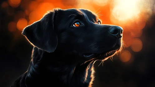 Gentle black lab bathed in soft sunset glow and quiet hope.