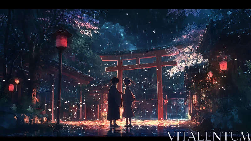 Torii-lit rainstorm with two figures under sakura petals.