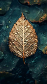 Copper leaf holds crystal raindrops on dark water surface.