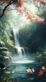 Sunlit forest waterfall descends into tranquil flowered pool