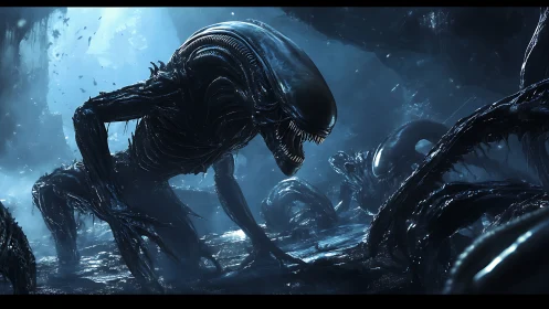 Alien creature pack in dark blue sci fi cavern environment.