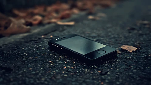 Abandoned Smartphone on Urban Pavement. Dark Tones.