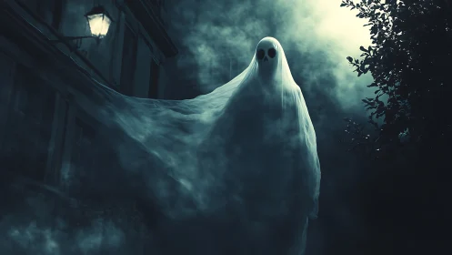 Midnight alley ghost drifting through lantern fog.