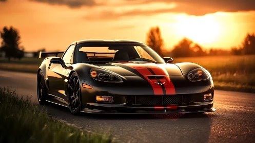 Black sports car glows against a dramatic country sunset sky.