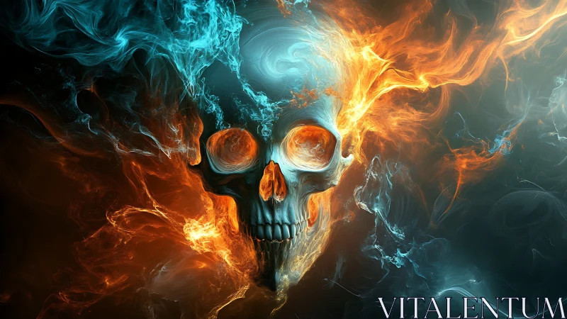 Flaming skull emerges in swirling blue and orange smoke