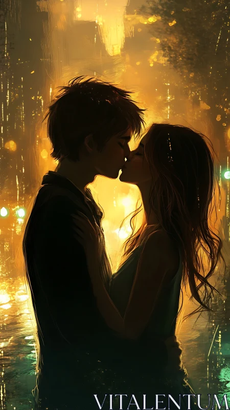 Silhouetted Figures Exchanging Intimacy Against Luminous Urban Cityscape Backdrop