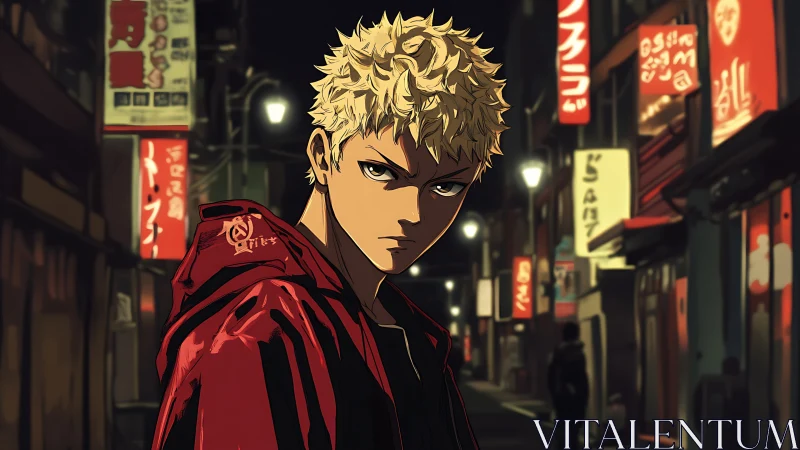 Blond anime antihero in red jacket dominates neon alleyway