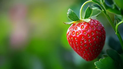 Ripe strawberry hangs on plant against blurred green background