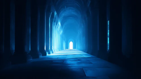 Luminous blue colonnade corridor with vaulted arches and exit