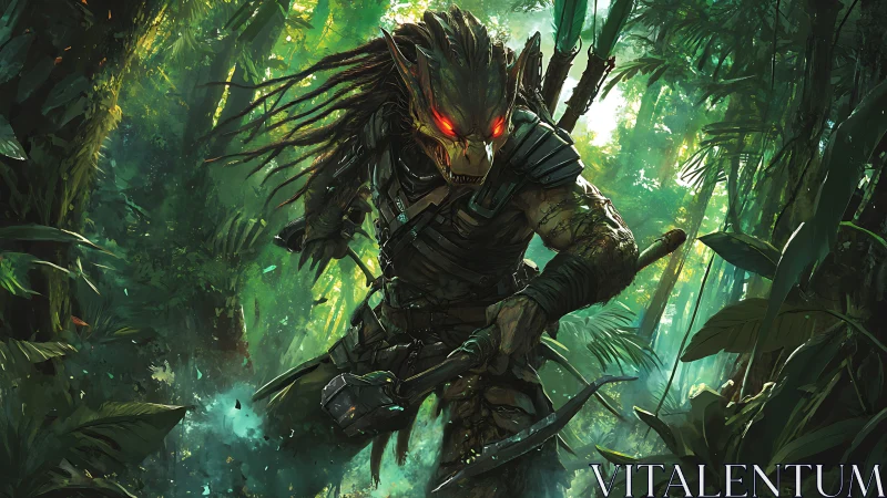 Biomorphic alien hunter advancing through dense jungle undergrowth