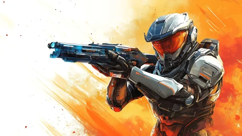 Armored sci fi marksman in dynamic kinetic firing stance.