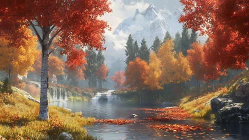 Autumn forest river flows beneath distant snowy mountains