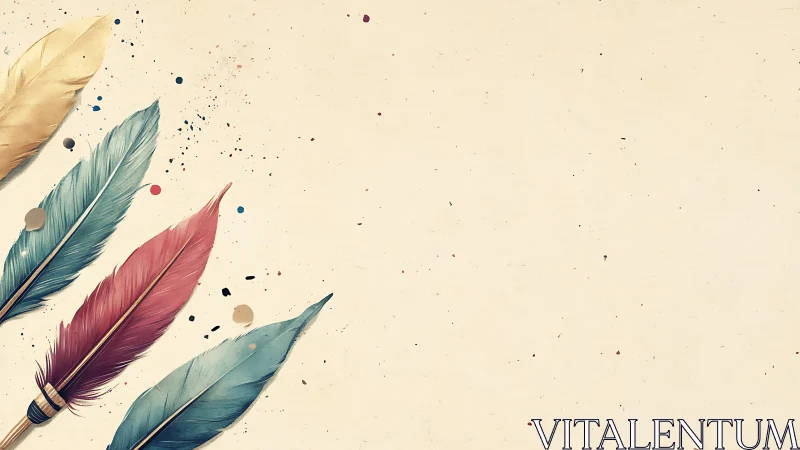 Colorful quill feathers line left edge of light paper background