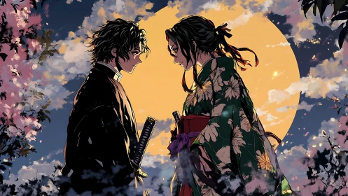 Two armed figures stand facing each other before full moon