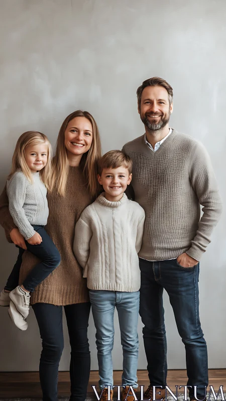 Vertical studio portrait captures coordinated casual family attire