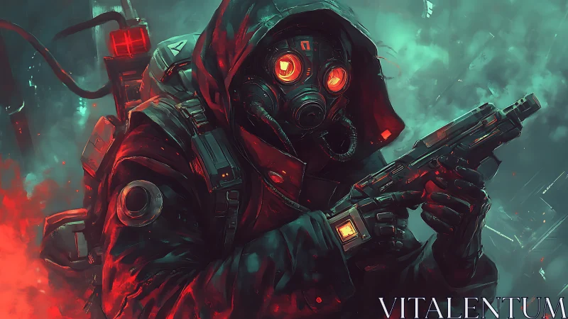 Lone cyberpunk soldier advances through neon storm