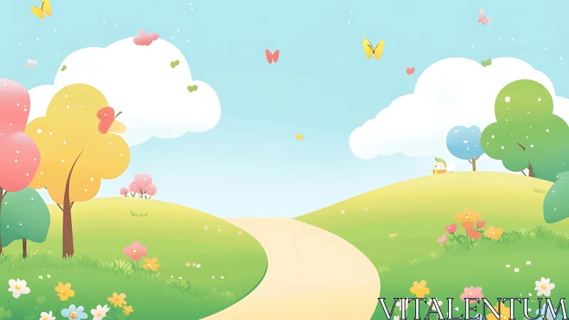 Sunny pastel meadow path with cheerful butterflies and trees.