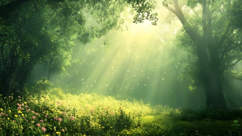 Enchanted Forest Glade With Golden Light Rays and Bloom