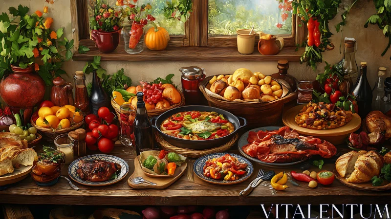 Table displays assorted rustic dishes and produce indoors