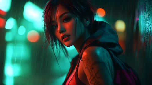 Neon rain silhouettes a cyberpunk woman in fierce resolve