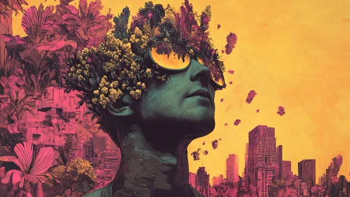 Urban dreamer crowned in blooming neon jungles of thought.