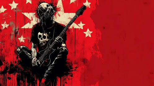 Skull-headed punk guitarist broods against a grunge red backdrop