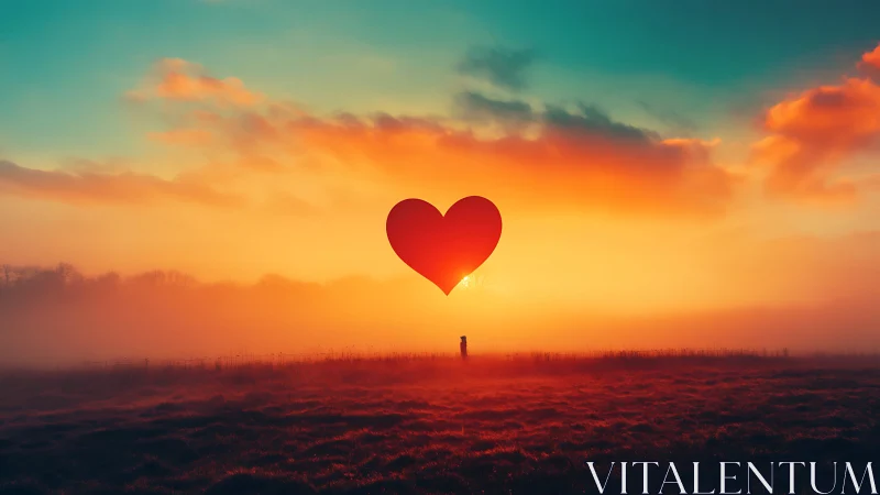 Heart Suspended Over Misty Fields at Sunrise