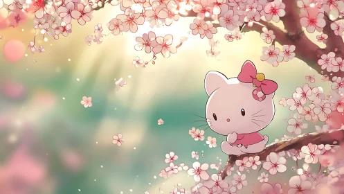 Gentle kitty rests among soft pink cherry blossom dreams