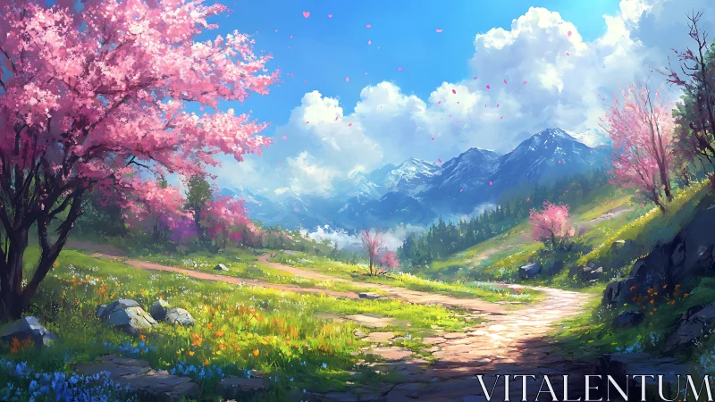 Spring mountain path curves through bright valley landscape