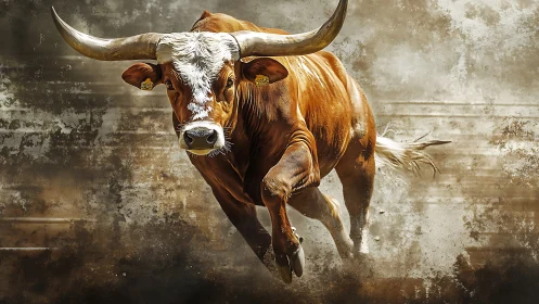 Charging longhorn bull against textured dusty backdrop.