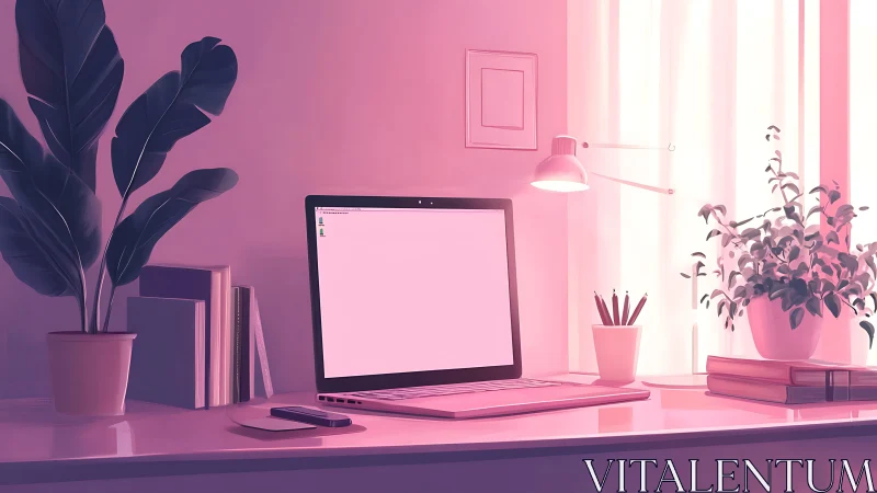 Sunlit pink workspace frames a minimalist laptop scene.