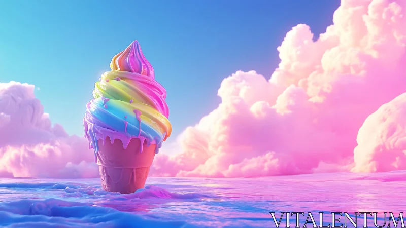 Rainbow ice cream swirl crowns neon pastel dreamscape.