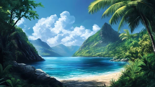 Tropical Paradise Cove Nestled Among Verdant Mountains.