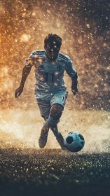 Soccer player running through wet field under bright backlight.