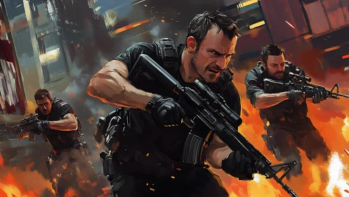 Dynamic tactical squad charge in high-intensity urban firefight.