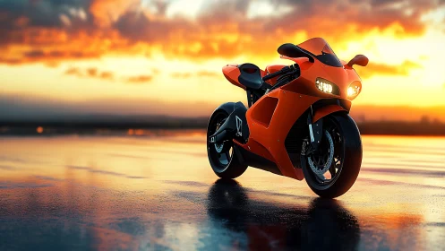 Sunset speedster resting on a glowing mirror road.