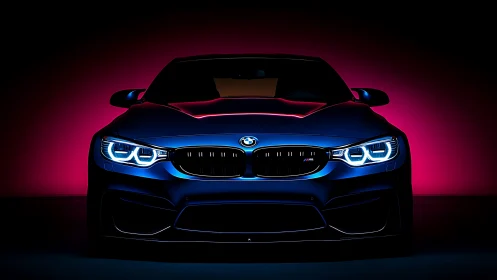 BMW sports coupe front view with neon studio lighting.