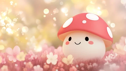Softly lit kawaii mushroom character rendered in stylized 3D
