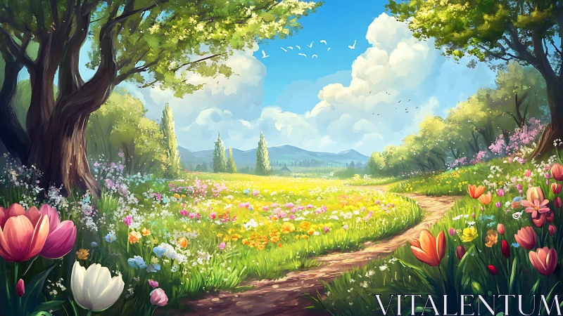 Sunlit wildflower meadow path under bright spring sky.