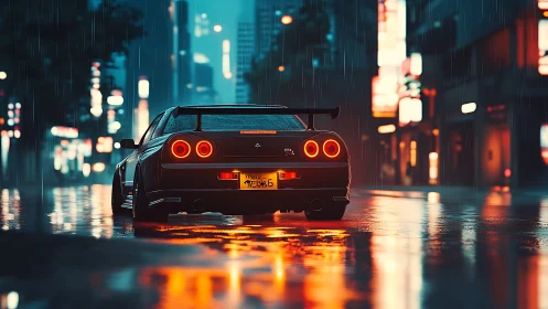 Sports coupe idles under neon rain on slick city street